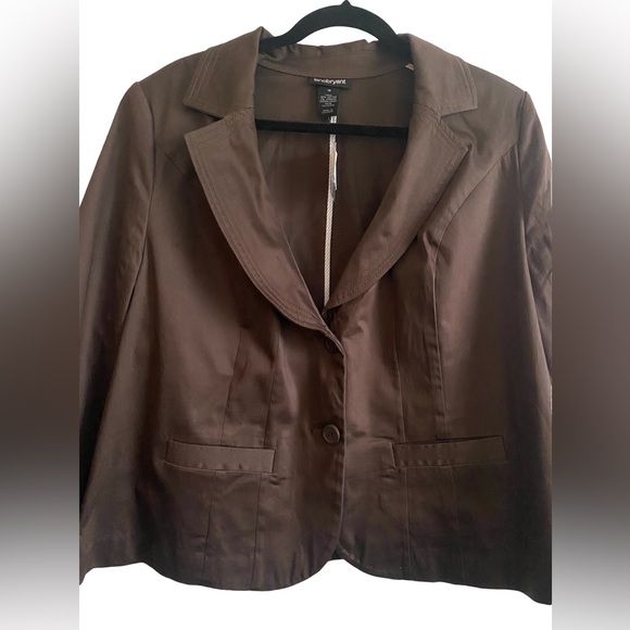 Lane Bryant Notch Lapel Blazer 18 Brown Lined Short Cotton 2 Button Jacket - Picture 4 of 8